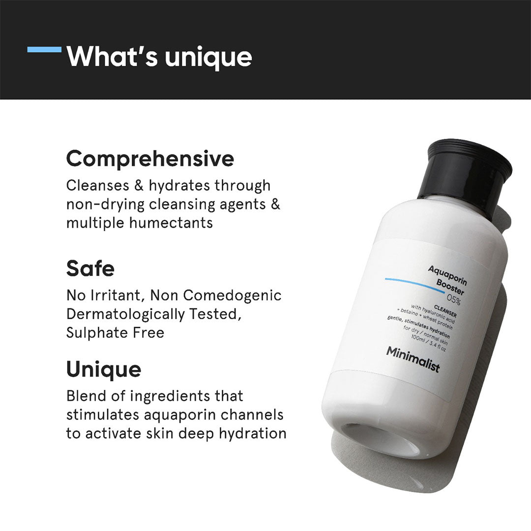 Vanity Wagon | Buy Minimalist 5% Aquaporin Booster Cleanser with HA, Betaine & Wheat Protein