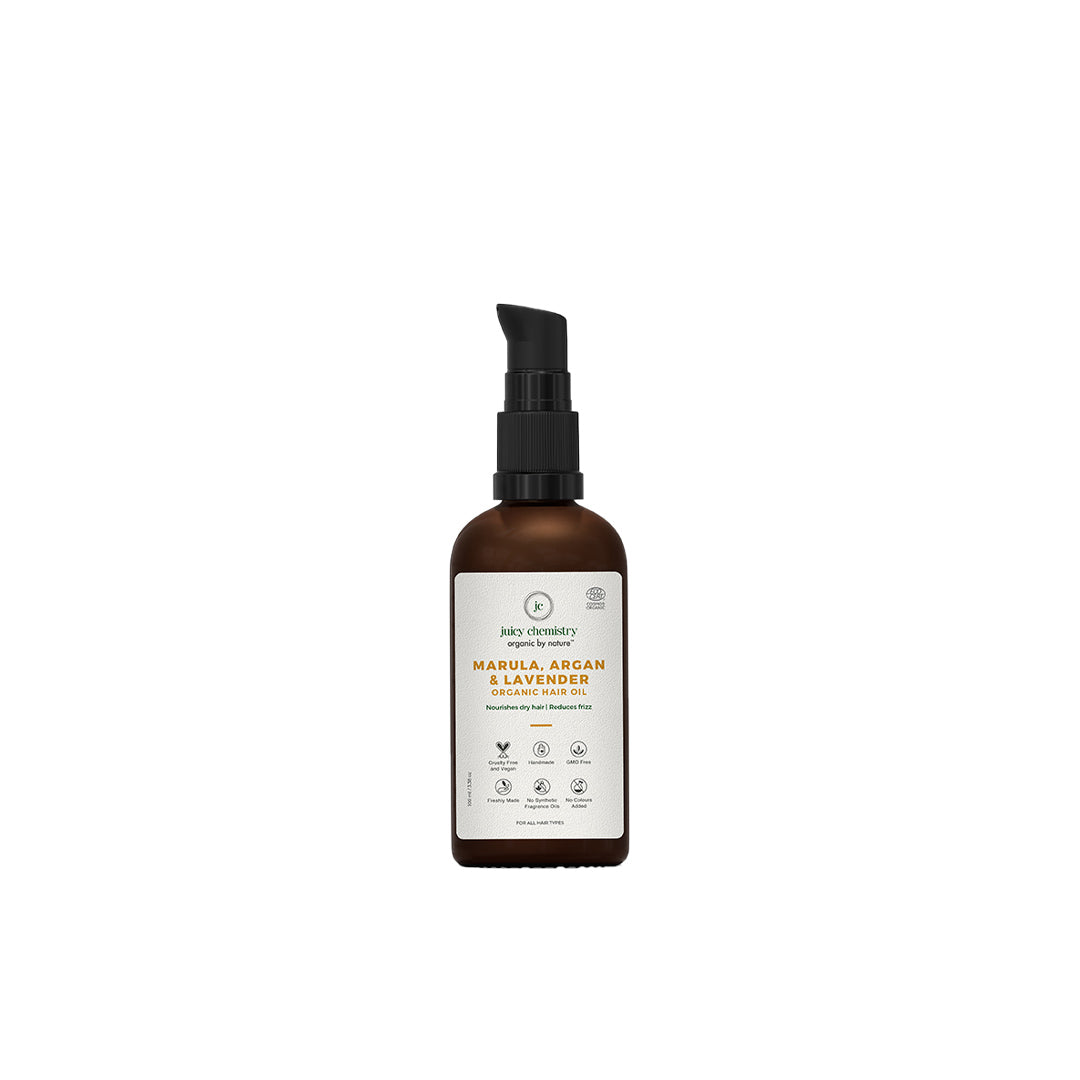 Vanity Wagon | Buy Juicy Chemistry Organic Hair Oil for Hair Loss Control and Deep Conditioning with Marula, Argan and Lavender