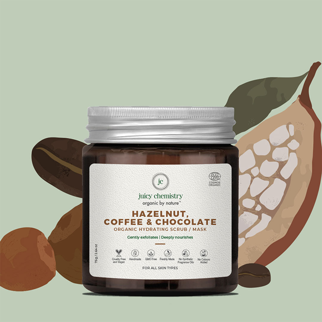 Vanity Wagon | Buy Juicy Chemistry Organic Hydrating Scrub/ Mask for Dry and Mature Skin with Hazelnut, Coffee and Chocolate