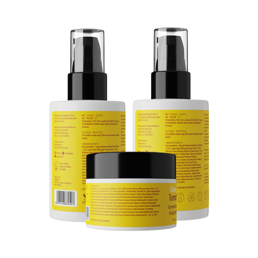 Vanity Wagon | Buy Arata Grow+ Turmeric Range Hair Oil, Scalp Scrub & Scalp Revitaliser Serum