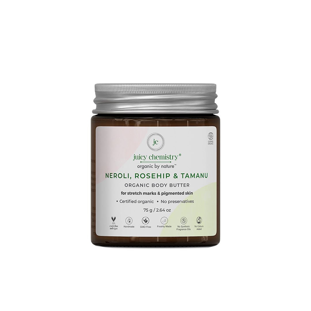 Juicy Chemistry Organic Body Butter for Stretch Marks & Pigmented Skin with Neroli, Rosehip & Tamanu
