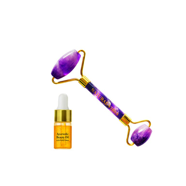 Vanity Wagon | Natural Vibes Amethyst Roller & Massager for Face, Neck and Under eye with FREE Gold Beauty Elixir Oil 