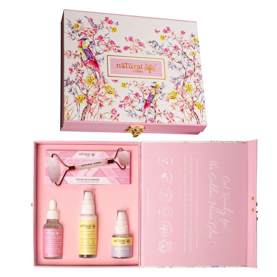Vanity Wagon | Buy Natural Vibes Glow Getter Gift Set with Rose Quartz Face Roller, Sunscreen Lotion, Glow 'd Up Serum & Under Eye Gel Serum