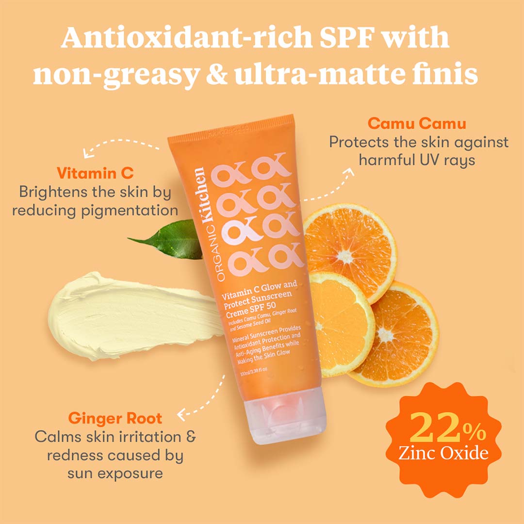 Organic Kitchen Vitamin C Glow & Protect Sunscreen Creme SPF 50 with Camu Camu, Ginger & Sesame