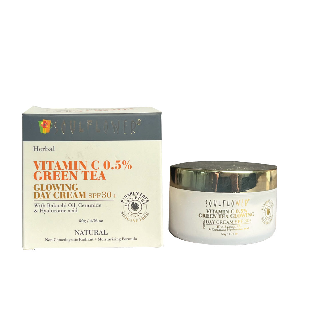 Vanity Wagon | Buy Soulflower Herbal 0.5% Vitamin C & Green Tea Glowing Day Cream SPF 30+ with Bakuchi Oil, Ceramide & Hyaluronic Acid