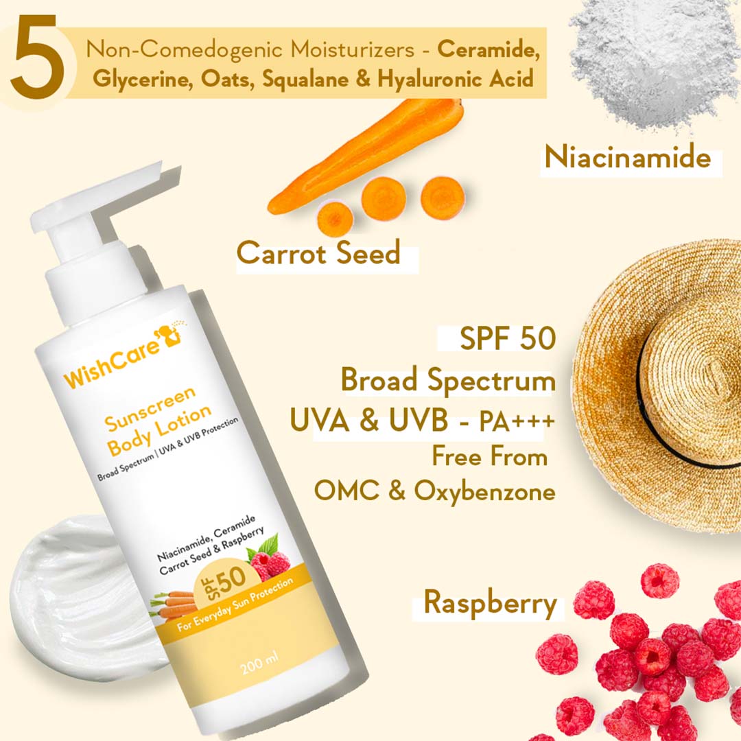 Vanity Wagon | Buy WishCare SPF50 Sunscreen Body Lotion With Carrot Seed & Raspberry