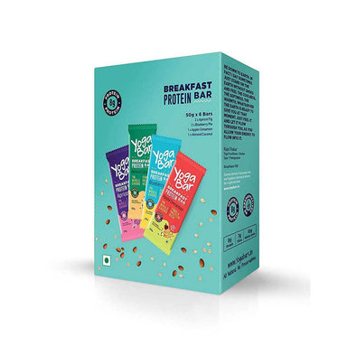 Yoga Bar Breakfast Protein Bar Variety Box (Almond Coconut, Apricot Fig, Blueberry Pie, Apple Cinnamon Bars) Box of 6 Bars - 50gm X 6 Bars - Front View
