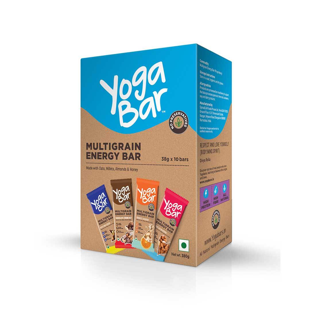 Yoga Bar Multigrain Energy Bar Variety Box (Vanilla Almond, Orange Cashew, Chocolate Chunk Nut, Nuts and Seeds) Box of 10 Bars - 38gm X 10 Bars - Front View